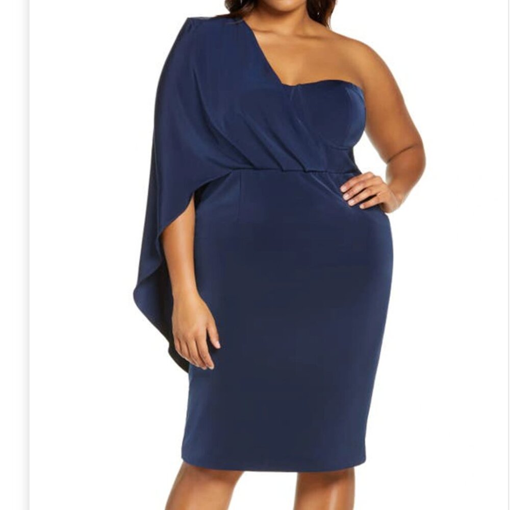 Lavish Alice One Shoulder Cape Midi Dress Womens US 16 Navy Blue Formal Wedding
